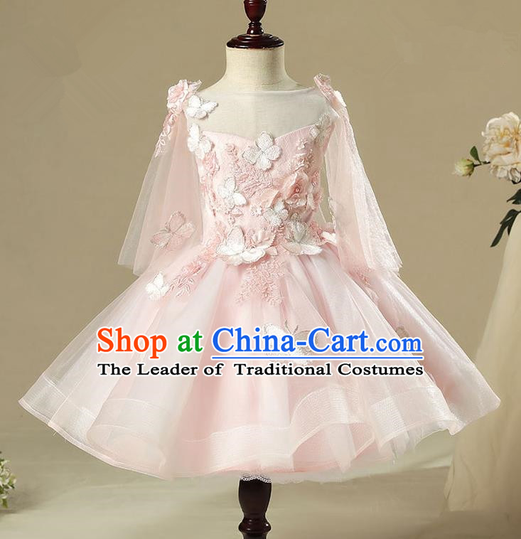 Children Modern Dance Costume Pink Short Dress, Ceremonial Occasions Model Show Princess Veil Full Dress for Girls