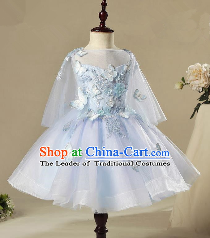 Children Modern Dance Costume Blue Short Dress, Ceremonial Occasions Model Show Princess Veil Full Dress for Girls