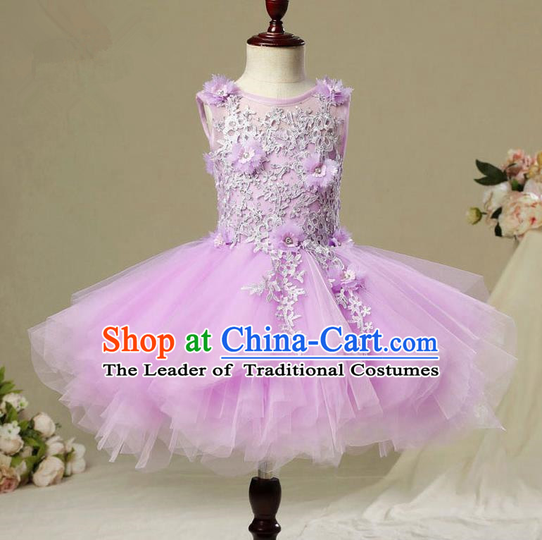 Children Modern Dance Costume Purple Short Bubble Dress, Ceremonial Occasions Model Show Princess Veil Full Dress for Girls