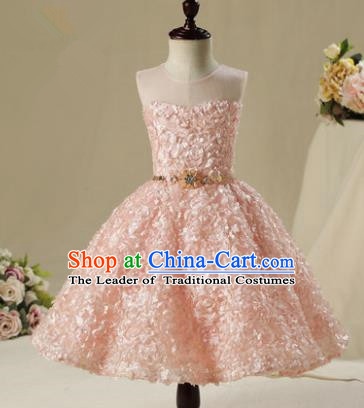 Children Model Show Dance Costume Pink Petals Bubble Dress, Ceremonial Occasions Catwalks Princess Short Full Dress for Girls
