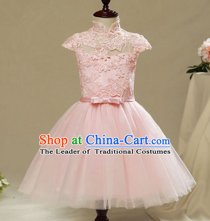 Children Model Show Dance Costume Pink Veil Lace Bubble Dress, Ceremonial Occasions Catwalks Princess Short Full Dress for Girls
