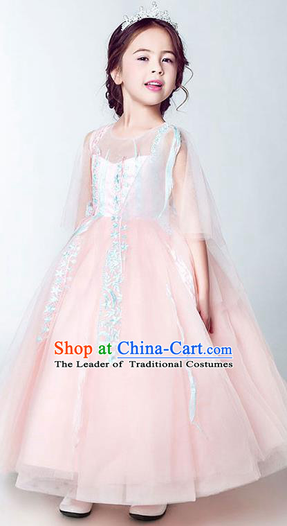 Children Christmas Model Show Dance Costume Embroidered Veil Pink Dress, Ceremonial Occasions Catwalks Princess Full Dress for Girls