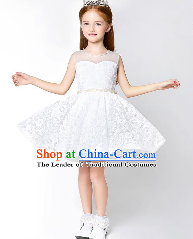 Children Model Show Dance Costume White Veil Dress, Ceremonial Occasions Catwalks Princess Full Dress for Girls