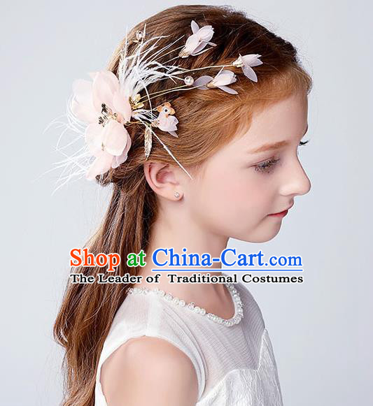 Handmade Children Hair Accessories Pink Flowers Feather Hair Claw, Princess Halloween Model Show Hair Stick Headwear for Kids