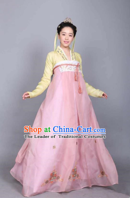 Asian Chinese Tang Dynasty Princess Costume, Traditional Ancient Palace Lady Embroidered Costume and Handmade Headpiece Complete Set