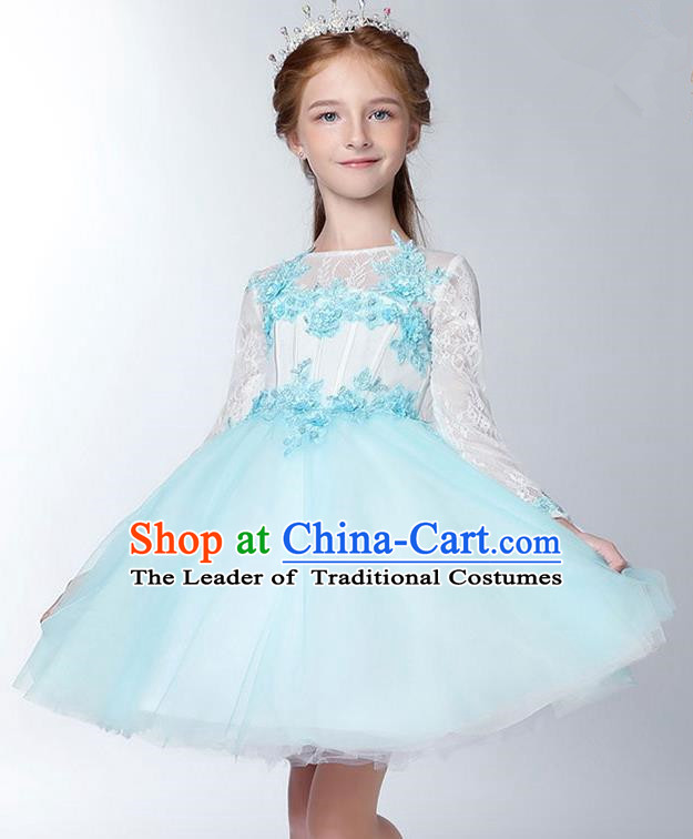 Children Model Dance Costume Compere Blue Long Sleeve Full Dress, Ceremonial Occasions Catwalks Princess Embroidery Dress for Girls