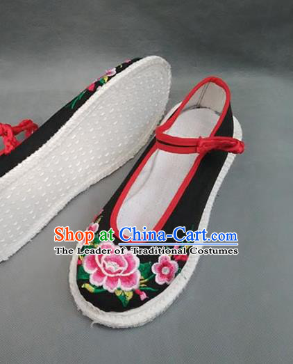 Traditional Chinese National Black Cloth Shoes Embroidered Shoes, China Handmade Shoes Hanfu Embroidery Peony Shoes for Women
