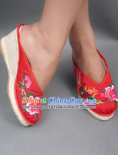 Traditional Chinese National Red Wedding Wedge Heel Shoes Embroidered Shoes, China Handmade Shoes Hanfu Embroidery Peony Shoes for Women