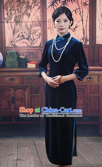 Traditional Ancient Chinese Republic of China Gentlewoman Cheongsam, Asian Chinese Chirpaur Blue Velvet Qipao Dress Clothing for Women