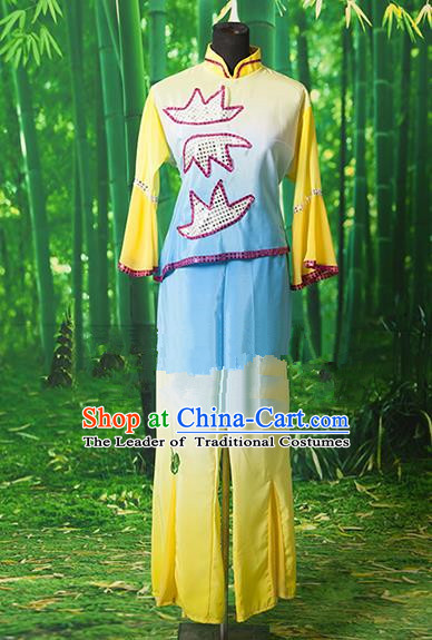 Traditional Chinese Classical Dance Yangge Fan Dancing Costume, Folk Dance Drum Dance Yangko Yellow Clothing for Women