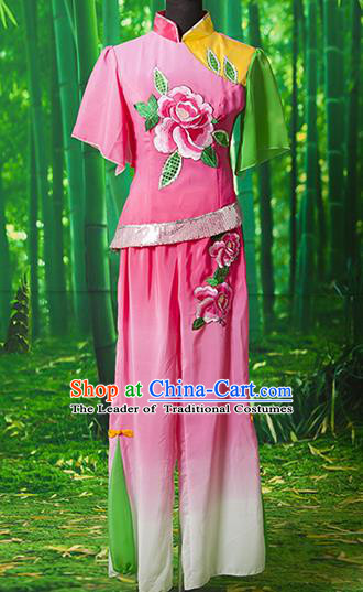 Traditional Chinese Classical Dance Yangge Fan Dancing Costume, Folk Dance Drum Dance Yangko Pink Clothing for Women
