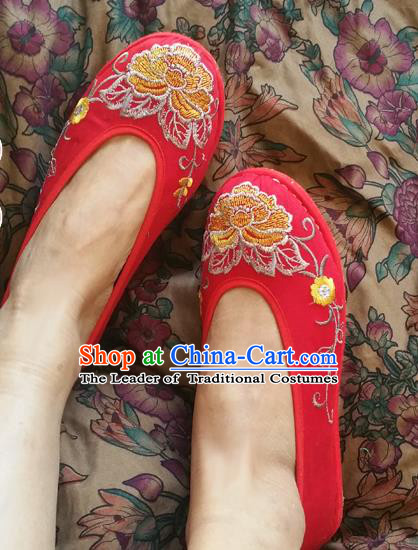 Traditional Chinese National Embroidered Shoes Handmade Red Shoes, China Hanfu Embroidery Flowers Wedding Shoes for Women
