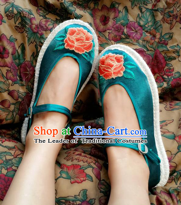 Traditional Chinese National Embroidered Shoes Handmade Green Cloth Shoes, China Hanfu Embroidery Flowers Shoes for Women