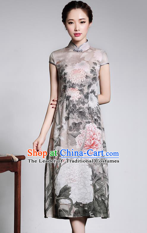 Traditional Chinese National Costume Elegant Hanfu Printing Linen Cheongsam, China Tang Suit Slant Opening Chirpaur Cheong-sam for Women