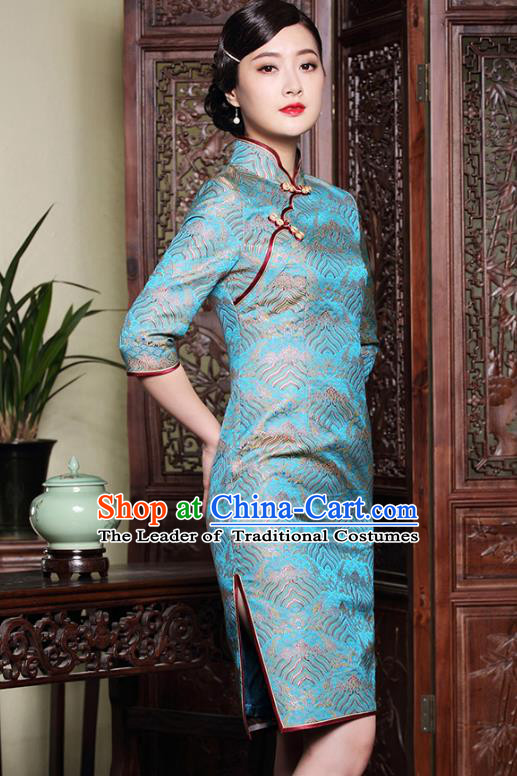 Traditional Chinese National Costume Elegant Hanfu Blue Silk Cheongsam, China Tang Suit Plated Buttons Chirpaur Dress for Women