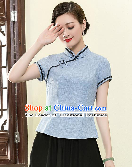 Traditional Chinese National Costume Elegant Hanfu Plated Button Blue Shirt, China Tang Suit Upper Outer Garment Cheongsam Blouse for Women