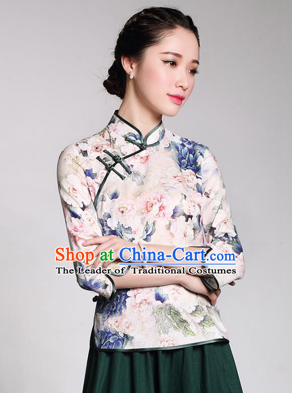 Traditional Chinese National Costume Elegant Hanfu Plated Button Silk Shirt, China Tang Suit Upper Outer Garment Cheongsam Blouse for Women