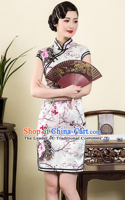 Traditional Chinese National Costume Elegant Hanfu White Silk Printing Cheongsam, China Tang Suit Plated Buttons Chirpaur Dress for Women