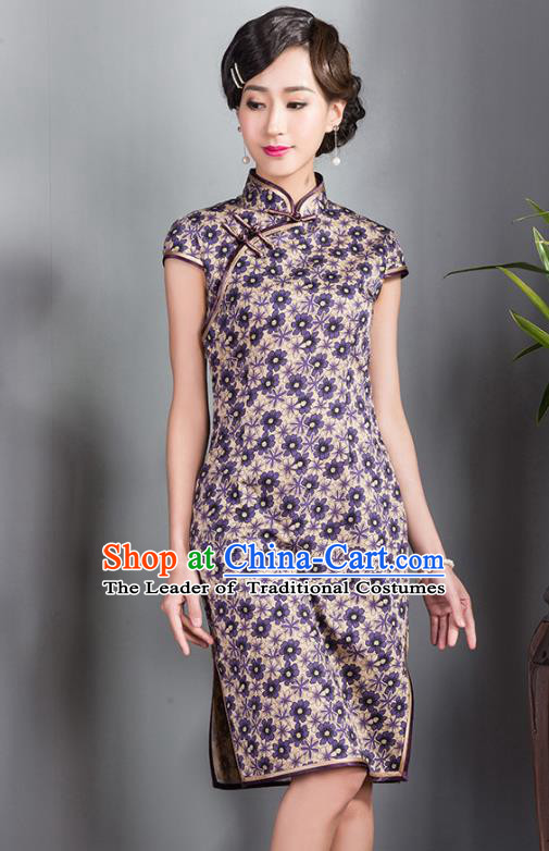 Traditional Chinese National Costume Elegant Hanfu Printing Silk Purple Qipao Dress, China Tang Suit Plated Buttons Cheongsam for Women