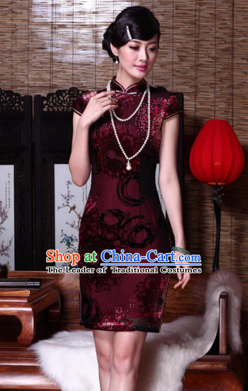 Traditional Chinese National Costume Elegant Hanfu Printing Dandelion Qipao Dress, China Tang Suit Plated Buttons Cheongsam for Women