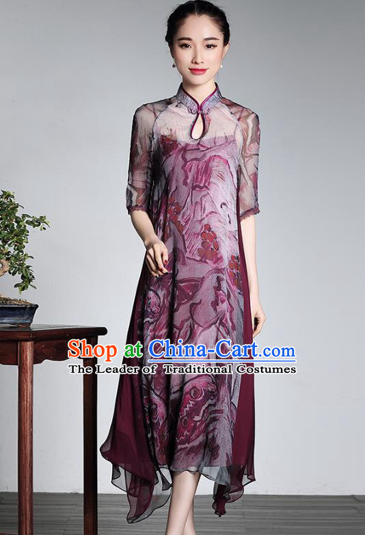 Traditional Chinese National Costume Elegant Hanfu Plated Button Mandarin Qipao, China Tang Suit Purple Silk Cheongsam for Women