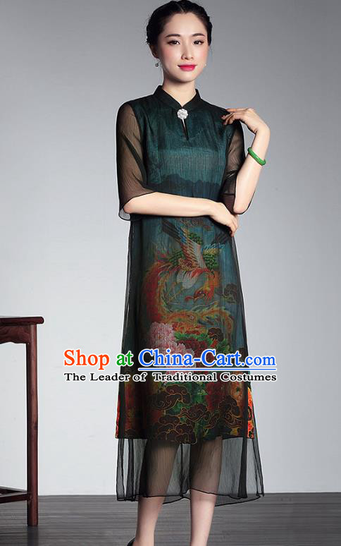 Traditional Chinese National Costume Plated Buttons Printing Peony Qipao Dress, China Tang Suit Chirpaur Green Silk Cheongsam for Women