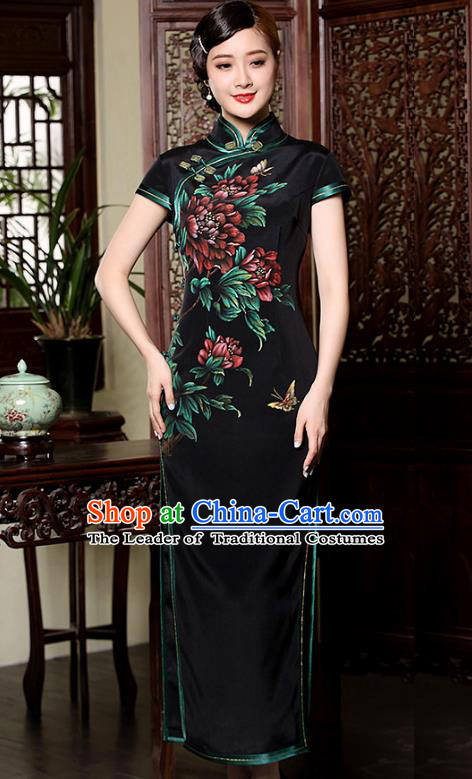 Traditional Chinese National Costume Plated Buttons Black Silk Qipao Dress, Top Grade Tang Suit Stand Collar Printing Cheongsam for Women