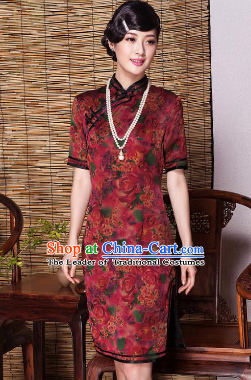 Traditional Chinese National Costume Plated Buttons Qipao, China Tang Suit Chirpaur Top Grade Red Silk Cheongsam for Women