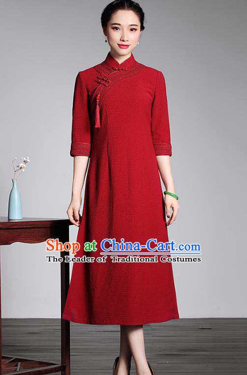 Traditional Chinese National Costume Plated Buttons Qipao Red Dress, Top Grade Tang Suit Stand Collar Cheongsam for Women