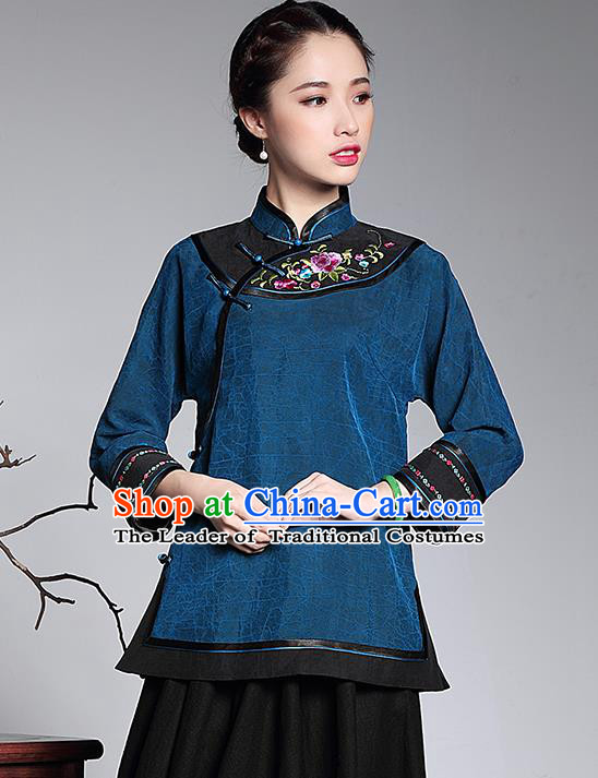 Traditional Chinese National Costume Plated Buttons Qipao Upper Outer Garment Blue Shirts, Top Grade Tang Suit Stand Collar Cheongsam Blouse for Women