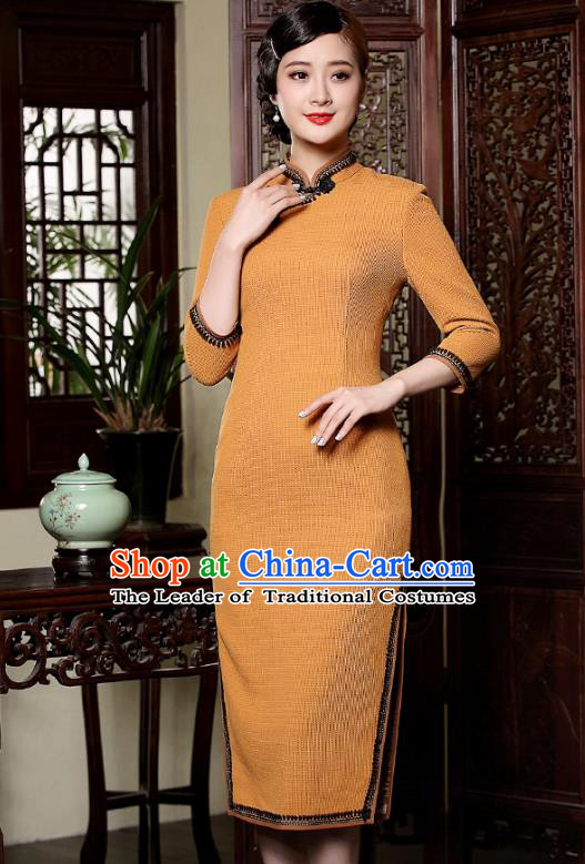 Traditional Chinese National Costume Plated Buttons Qipao Dress, Top Grade Wool Tang Suit Cheongsam for Women