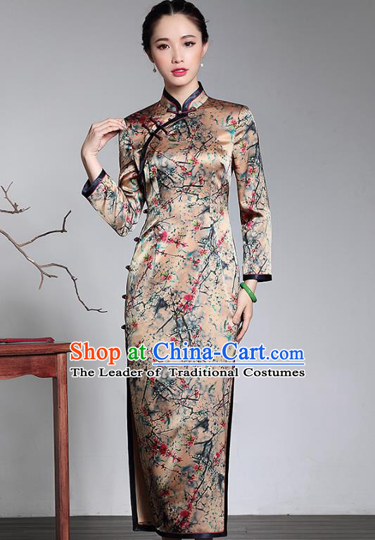 Traditional Ancient Chinese Young Lady Printing Silk Cheongsam, Republic of China Stand Collar Qipao Tang Suit Dress for Women