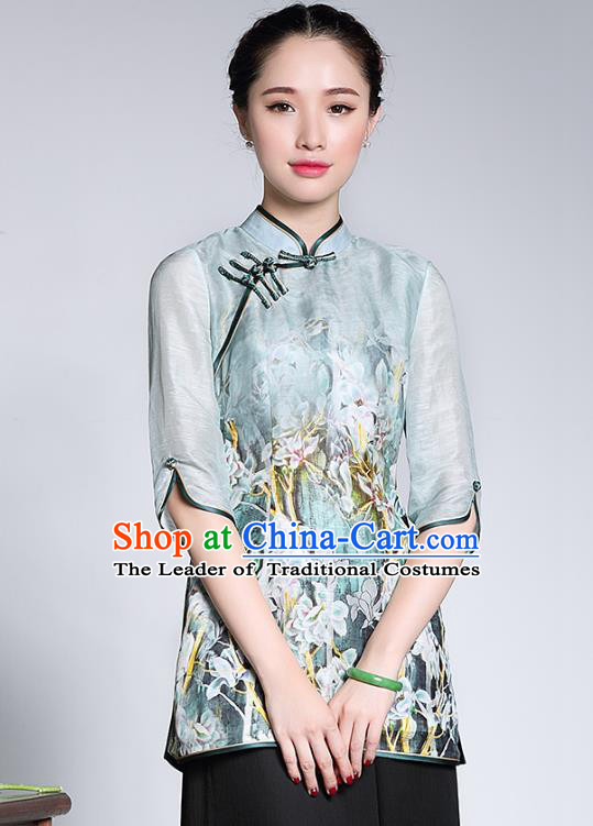 Traditional Ancient Chinese Young Lady Green Silk Printing Cheongsam Blouse, Republic of China Stand Collar Qipao Tang Suit Upper Outer Garment for Women