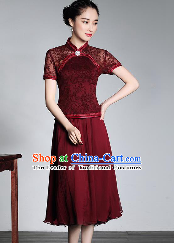Traditional Ancient Chinese Young Lady Red Lace Cheongsam, Republic of China Stand Collar Qipao Tang Suit Dress for Women