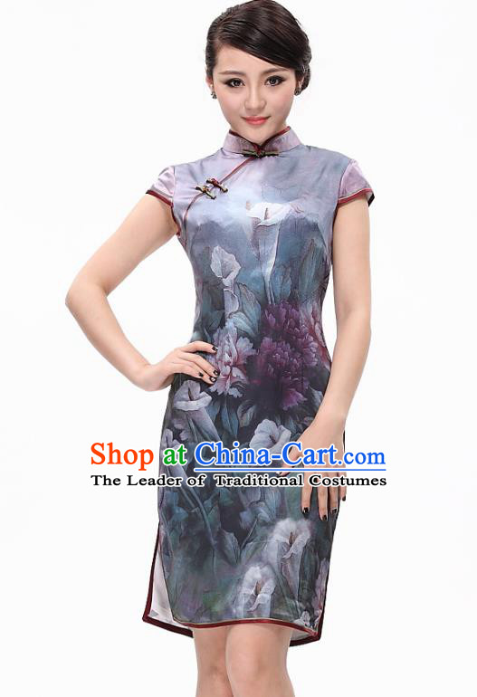 Traditional Ancient Chinese Young Lady Printing Daffodil Silk Cheongsam, Republic of China Qipao Tang Suit Dress for Women