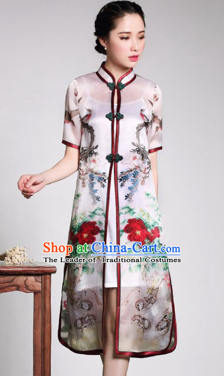 Traditional Ancient Chinese Young Lady Printing Peony Cheongsam Coats, Republic of China Qipao Tang Suit Dust Coat for Women