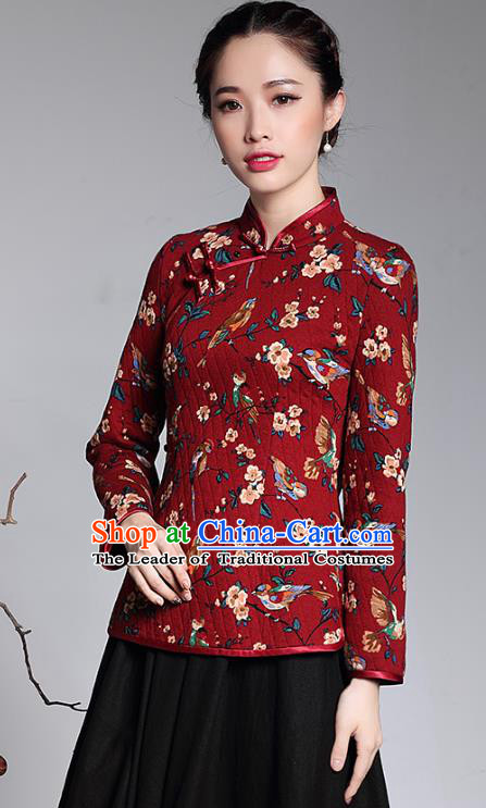 Traditional Ancient Chinese Young Lady Plated Buttons Red Cheongsam Blouse, Asian Republic of China Printing Qipao Tang Suit Upper Outer Garment for Women