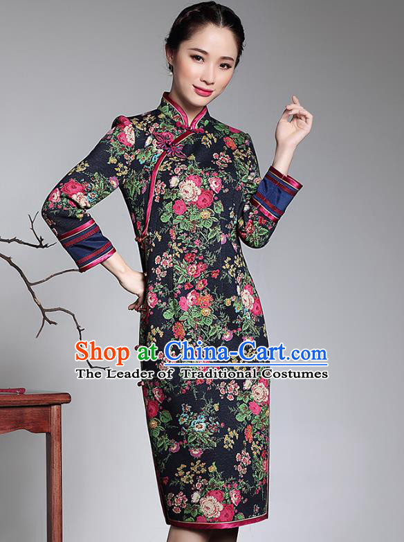 Traditional Ancient Chinese Young Lady Plated Buttons Printing Black Cheongsam, Asian Republic of China Qipao Tang Suit Dress for Women