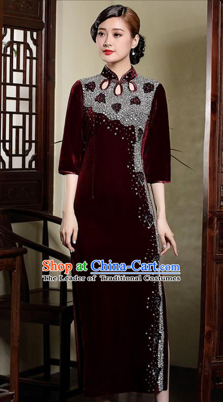 Traditional Ancient Chinese Young Lady Retro Crystal Wine Red Velvet Cheongsam, Asian Republic of China Qipao Tang Suit Dress for Women