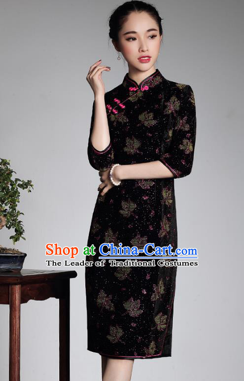 Traditional Ancient Chinese Young Lady Retro Purple Velvet Hot Drilling Cheongsam, Asian Republic of China Qipao Tang Suit Dress for Women