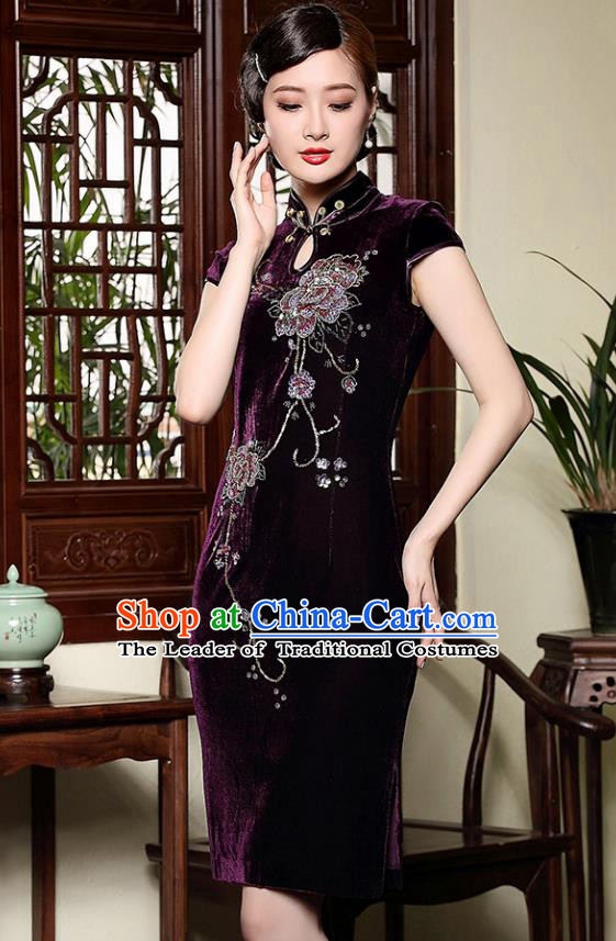 Traditional Ancient Chinese Young Lady Retro Cheongsam Purple Velvet Dress, Asian Republic of China Qipao Tang Suit Clothing for Women