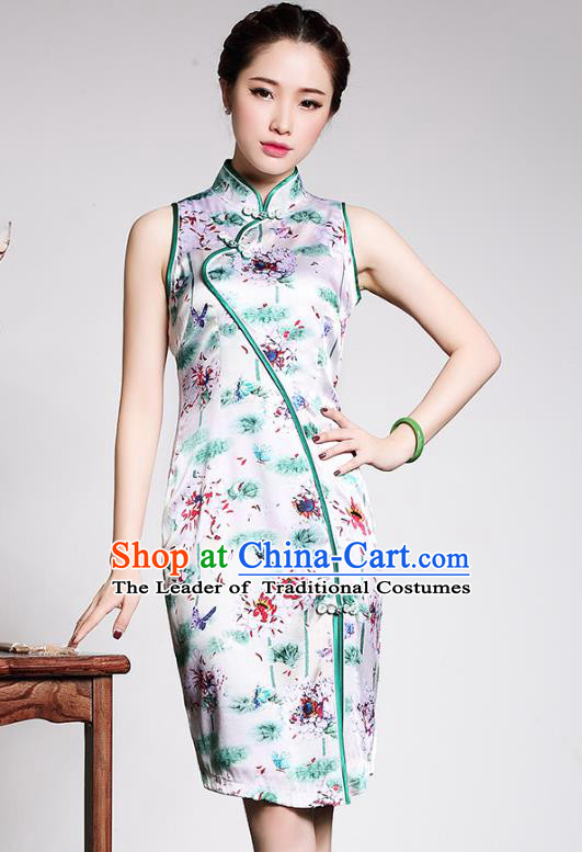 Traditional Ancient Chinese Young Lady Retro Stand Collar Printing Silk Cheongsam, Asian Republic of China Qipao Tang Suit Dress for Women