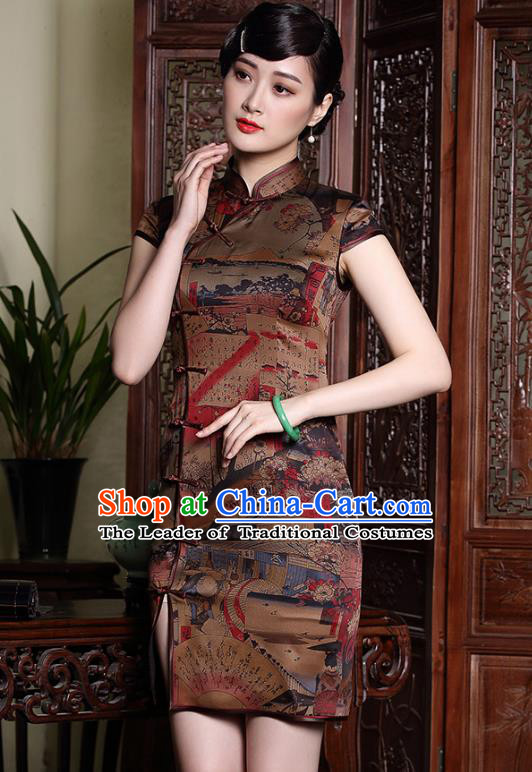 Asian Republic of China Top Grade Plated Buttons Watered Gauze Printing Cheongsam, Traditional Chinese Tang Suit Qipao Dress for Women