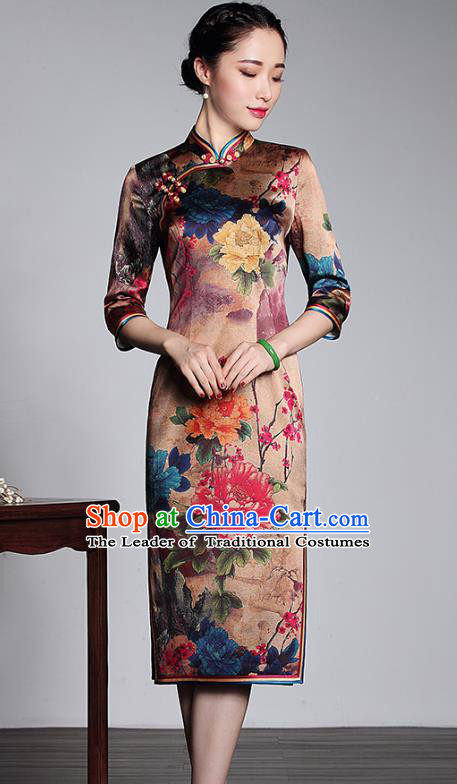 Top Grade Asian Republic of China Plated Buttons Printing Peony Cheongsam, Traditional Chinese Tang Suit Qipao Dress for Women