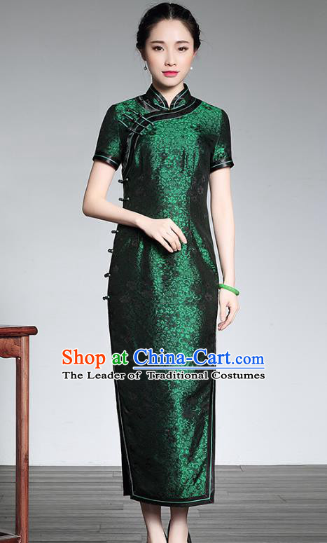 Top Grade Asian Republic of China Plated Buttons Green Silk Cheongsam, Traditional Chinese Tang Suit Qipao Dress for Women