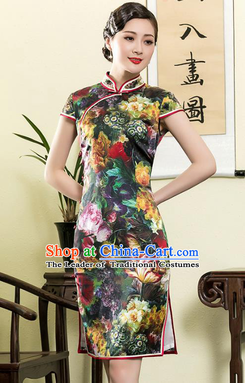 Asian Republic of China Top Grade Plated Buttons Cheongsam, Traditional Chinese Tang Suit Printing Silk Qipao Dress for Women