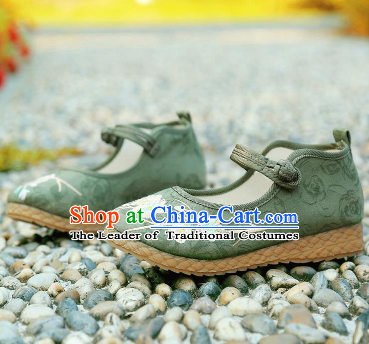 Traditional Chinese National Embroidered Shoes Green Linen Shoes, China Handmade Hanfu Embroidery Flowers Shoes for Kids