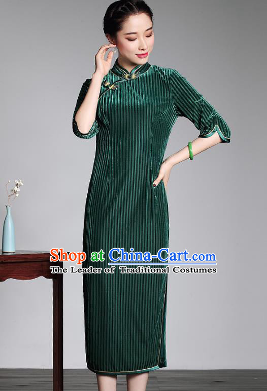 Asian Republic of China Young Lady Retro Stand Collar Green Velvet Cheongsam, Traditional Chinese Qipao Tang Suit Dress for Women