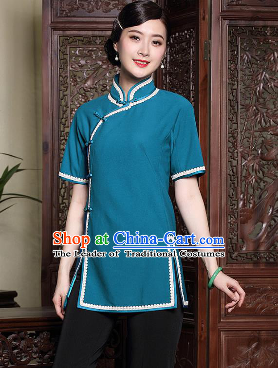 Asian Republic of China Young Lady Retro Stand Collar Blue Cheongsam Blouse, Traditional Chinese Qipao Shirts Tang Suit Upper Outer Garment for Women