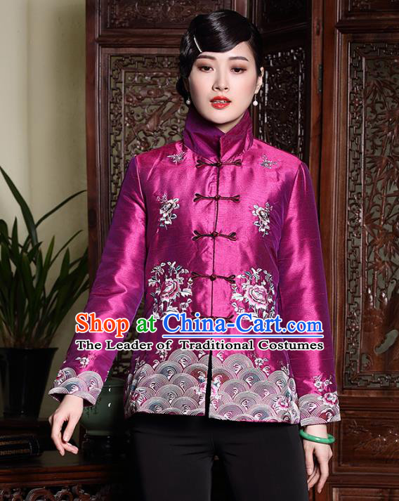 Asian Republic of China Young Lady Retro Stand Collar Embroidered Cotton-padded Jacket, Traditional Chinese Qipao Coats Tang Suit Upper Outer Garment for Women